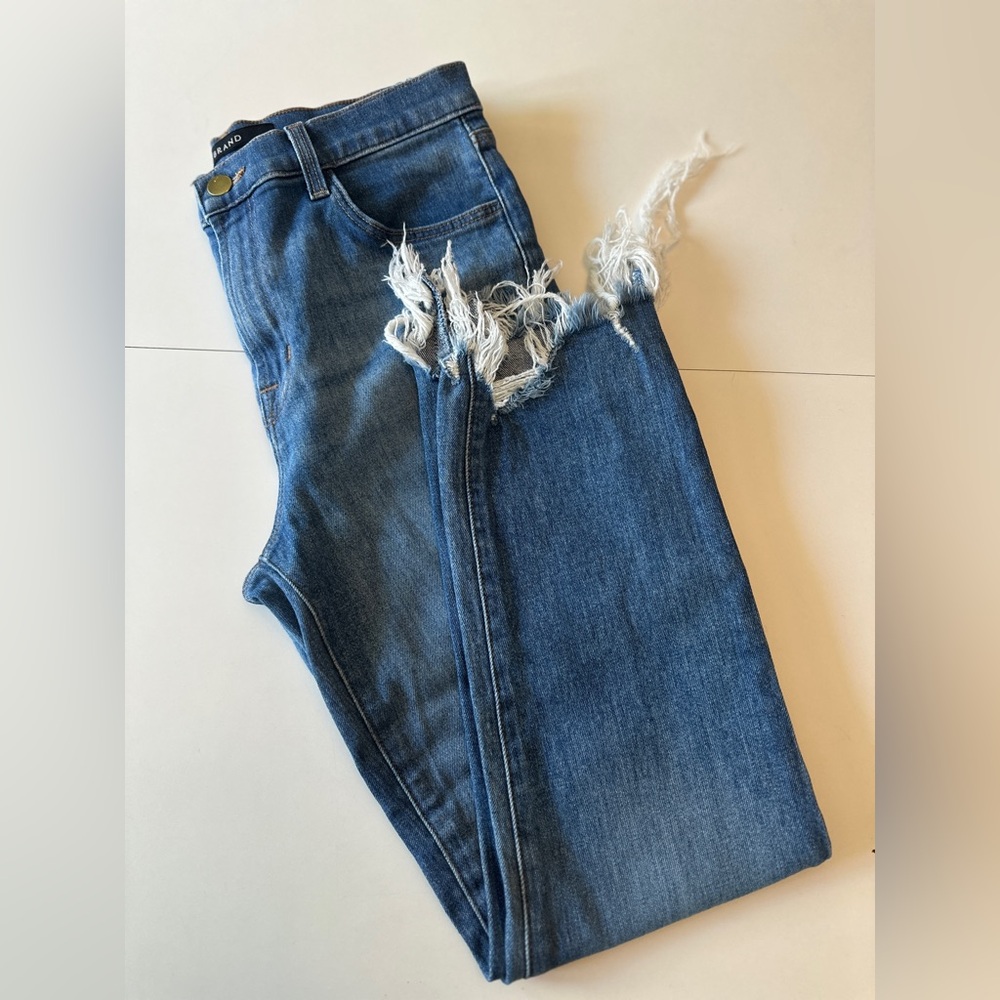 J BRAND High Rise Raw Hem Stretch Cropped Jeans Cigarette Fit EUC Size 28